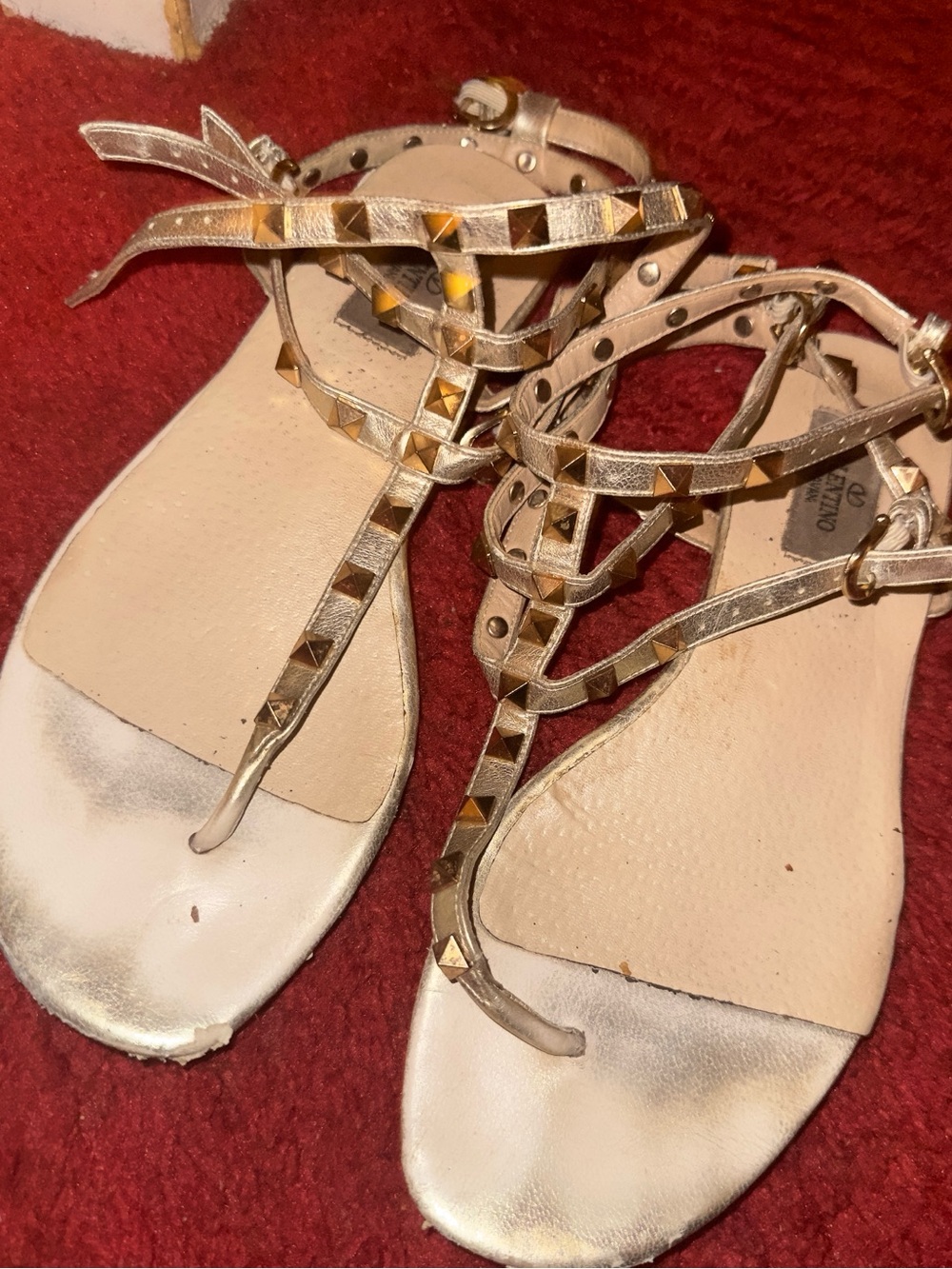 Valentino Garavani Metallic Gold Stud T-Strap Sandals